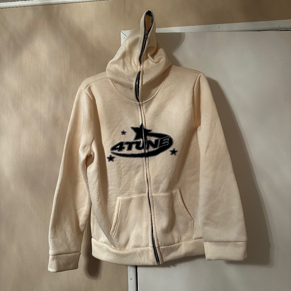 White 4Tune Large Hoodie w Full Zipper to Top of Hoodie